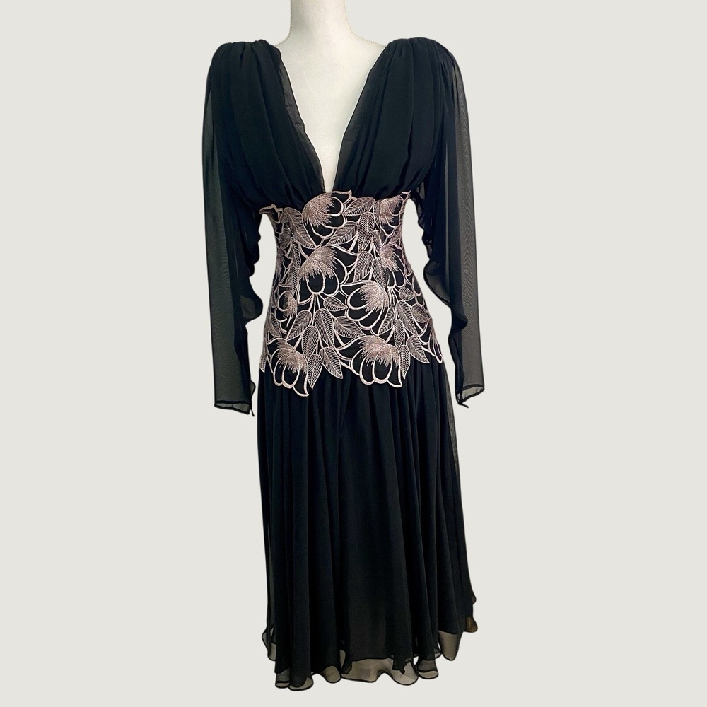 Vintage J Harris Women's Black Pink Deep V Front/Back Long Flutter Sleeve Dress